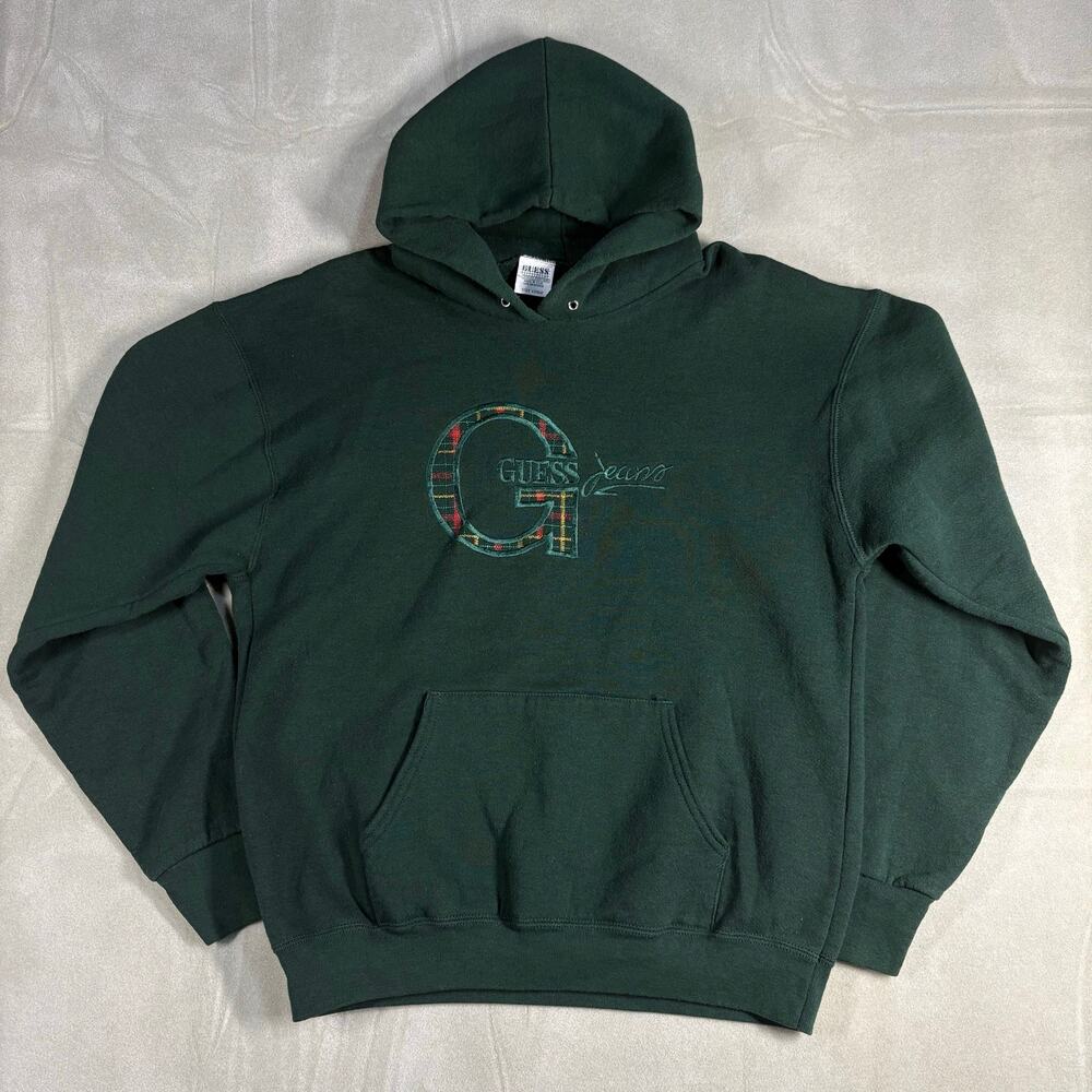 VTG 90s Guess Jeans by Georges Marciano Plaid G Logo Forest Green Hoodie Sz‎ M